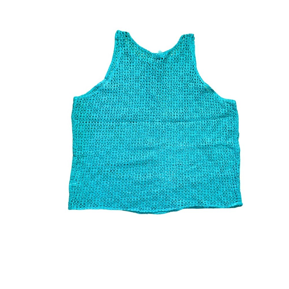 SOLD vintage 90s teal knit cotton mesh shirt size large - Picture 2 of 8